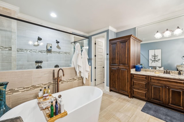 1300 Stovall Ln, Mount Juliet, TN 37122 - full bath featuring a soaking tub, a tile shower, vanity, and crown molding
