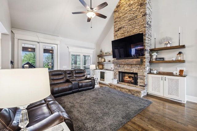 1300 Stovall Ln, Mount Juliet, TN 37122 - living room with a stone fireplace, ceiling fan, high vaulted ceiling, and dark wood-style floors