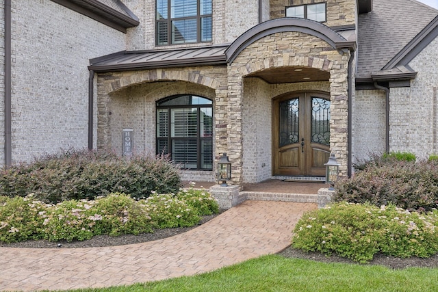 1300 Stovall Ln, Mount Juliet, TN 37122 - doorway to property featuring a standing seam roof, french doors, brick siding, and stone siding