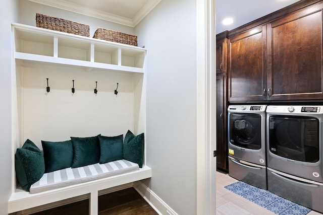 1300 Stovall Ln, Mount Juliet, TN 37122 - mudroom with crown molding, washing machine and dryer, and light wood finished floors