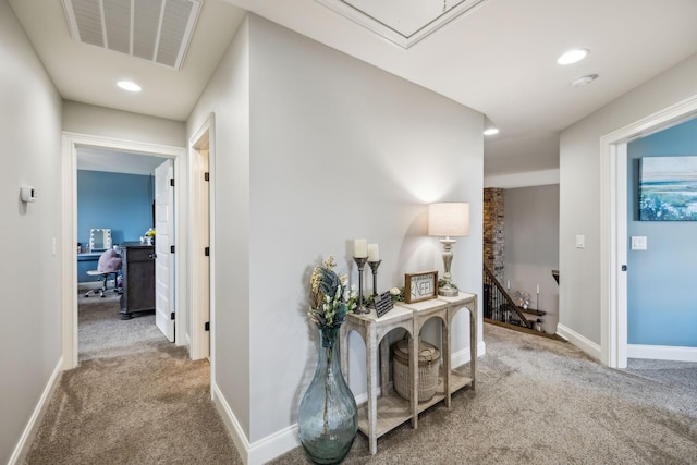 1300 Stovall Ln, Mount Juliet, TN 37122 - corridor featuring an upstairs landing, carpet flooring, recessed lighting, and attic access