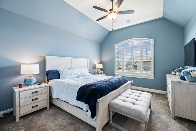 1300 Stovall Ln, Mount Juliet, TN 37122 - bedroom with dark colored carpet, vaulted ceiling, and ceiling fan