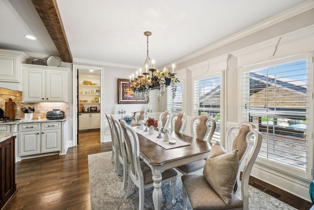 1300 Stovall Ln, Mount Juliet, TN 37122 - dining space with dark wood-type flooring, a chandelier, and crown molding