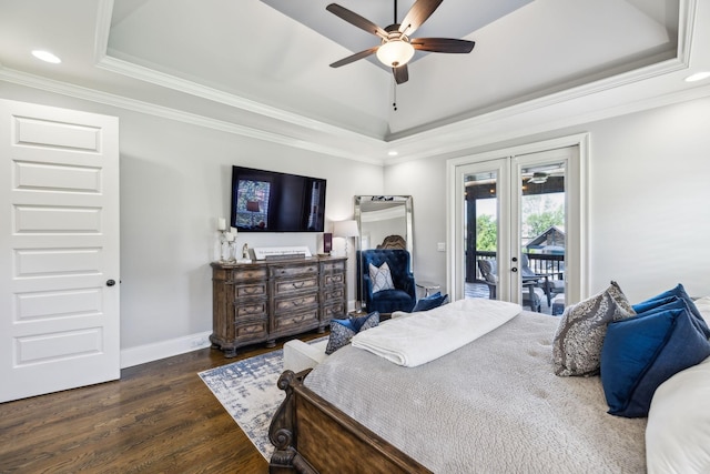 1300 Stovall Ln, Mount Juliet, TN 37122 - bedroom featuring a tray ceiling, access to exterior, dark wood finished floors, recessed lighting, and ornamental molding