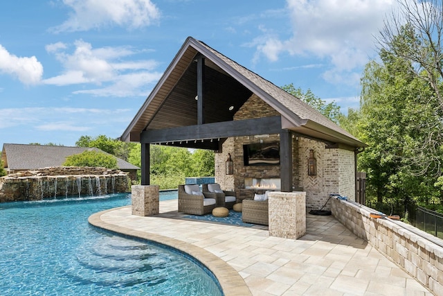 1300 Stovall Ln, Mount Juliet, TN 37122 - swimming pool with a patio area, a gazebo, and an outdoor living space with a fireplace