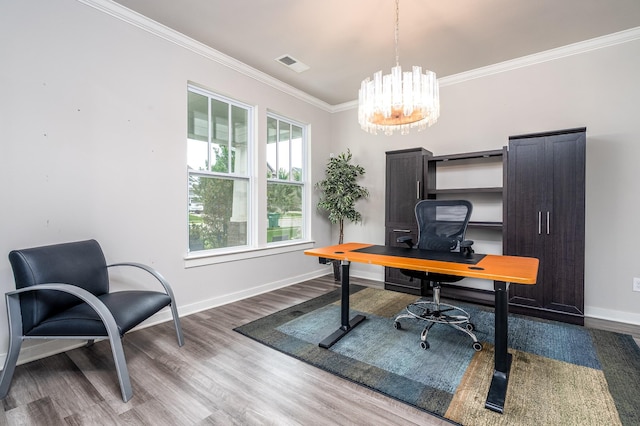 1013 Violet St, Spring Hill, TN 37174 - office with wood finished floors, crown molding, and a chandelier