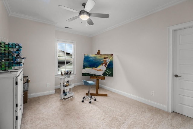 1450 Championship Blvd, Franklin, TN 37064 - office area featuring light carpet, ornamental molding, and ceiling fan