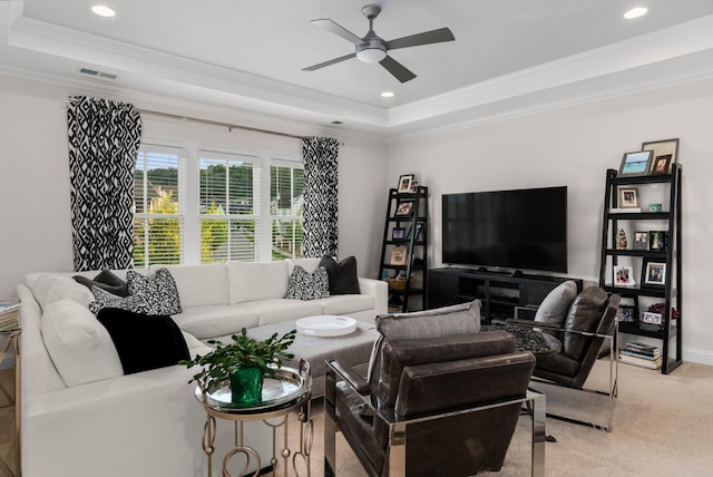 1450 Championship Blvd, Franklin, TN 37064 - carpeted living area with a tray ceiling, crown molding, a ceiling fan, and recessed lighting