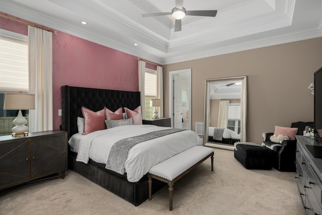 1450 Championship Blvd, Franklin, TN 37064 - bedroom with light carpet, ornamental molding, a raised ceiling, and ceiling fan