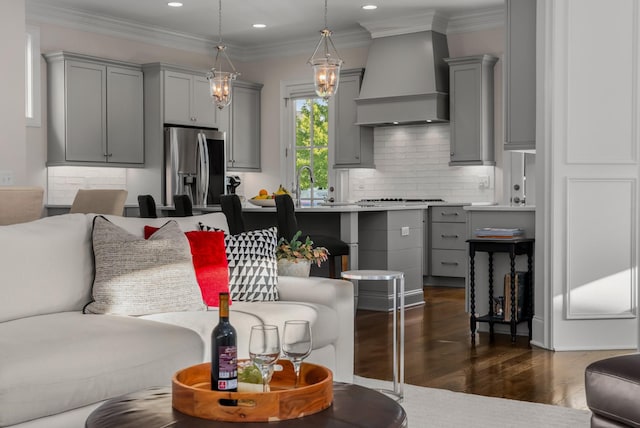 1450 Championship Blvd, Franklin, TN 37064 - living area featuring recessed lighting, dark wood-type flooring, and ornamental molding
