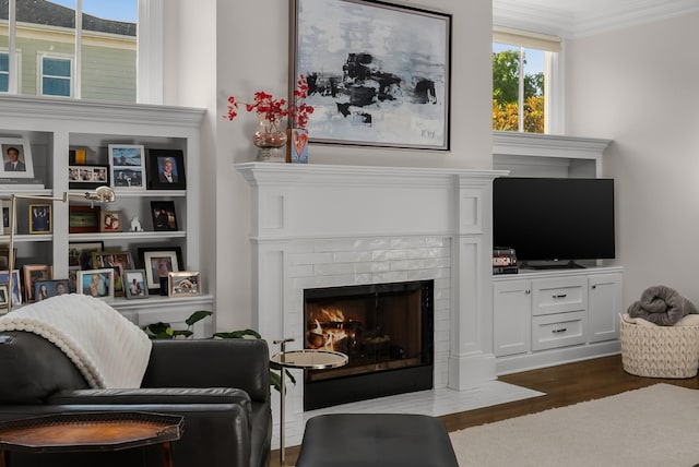1450 Championship Blvd, Franklin, TN 37064 - living area with dark wood-style flooring, a fireplace with flush hearth, and crown molding