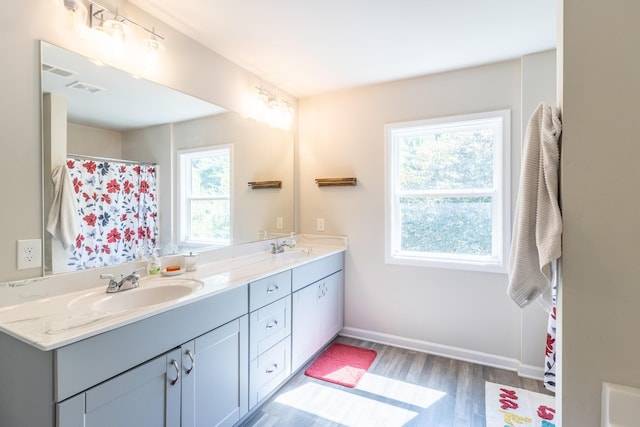 135 Millers Ln, Calhoun, GA 30701 - bathroom featuring wood finished floors, double vanity, and curtained shower