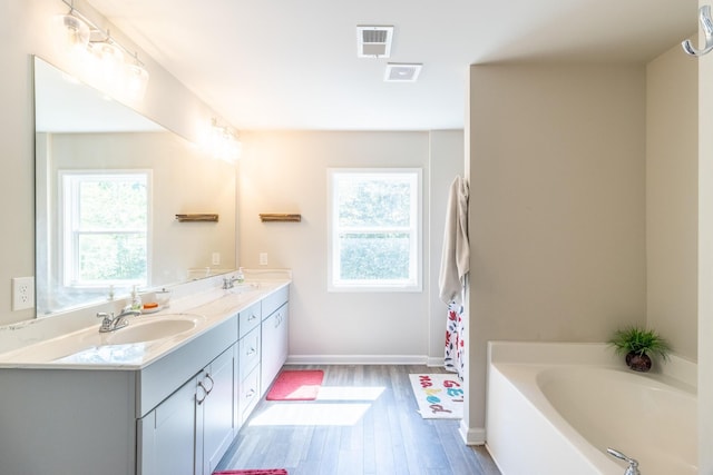 135 Millers Ln, Calhoun, GA 30701 - full bathroom with healthy amount of natural light, double vanity, wood finished floors, and a bath