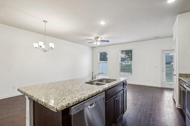 3927 Cannonsgate Ln, Murfreesboro, TN 37128 - kitchen with stainless steel dishwasher, ceiling fan, dark wood-type flooring, plenty of natural light, and recessed lighting