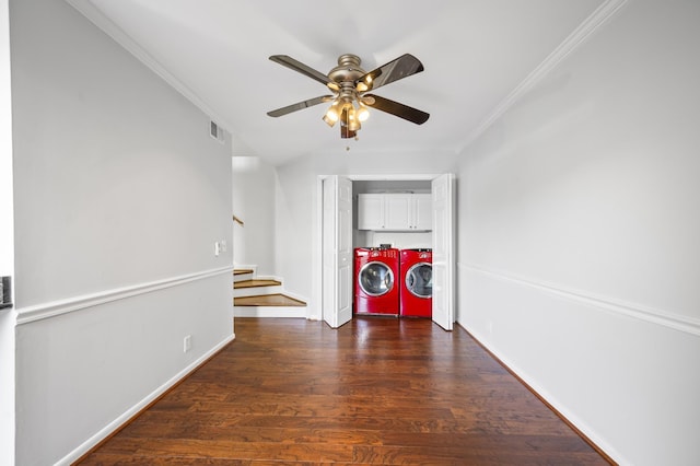 1900 Richard Jones Rd Unit X2, Nashville, TN 37215 - unfurnished room with washing machine and clothes dryer, stairs, a ceiling fan, dark wood finished floors, and crown molding