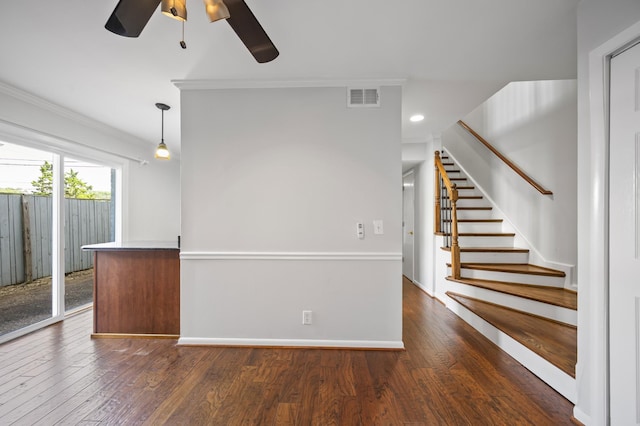 1900 Richard Jones Rd Unit X2, Nashville, TN 37215 - unfurnished living room with ceiling fan, crown molding, dark wood-type flooring, stairs, and recessed lighting