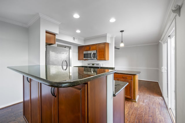 1900 Richard Jones Rd Unit X2, Nashville, TN 37215 - kitchen with brown cabinets, a peninsula, dark wood finished floors, appliances with stainless steel finishes, and ornamental molding
