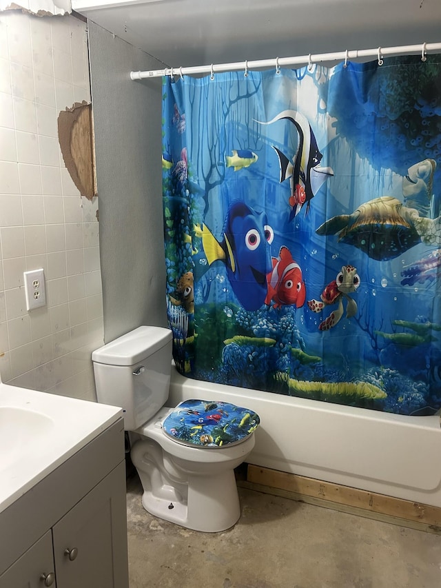 370 Alpine Rd, Camden, TN 38320 - full bath with unfinished concrete floors, vanity, shower / tub combo, and tile walls