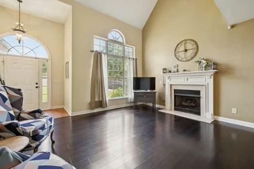 1604 Yarmouth Ct, Old Hickory, TN 37138 - foyer entrance with high vaulted ceiling, wood finished floors, healthy amount of natural light, and a fireplace with raised hearth
