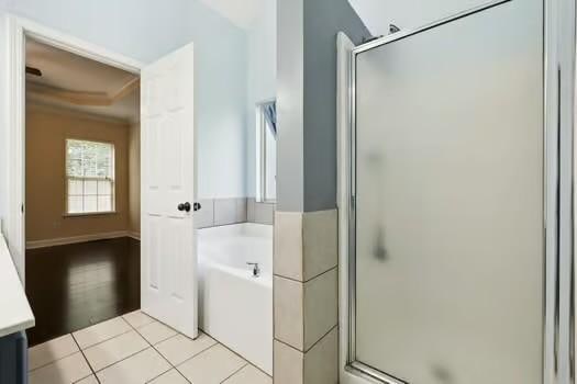 1604 Yarmouth Ct, Old Hickory, TN 37138 - full bath featuring a stall shower, vanity, a bath, a tray ceiling, and tile patterned flooring