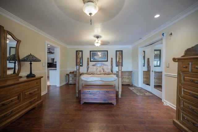 627 Eastbrook Rd, Estill Springs, TN 37330 - bedroom featuring french doors, dark wood-style flooring, crown molding, and a ceiling fan