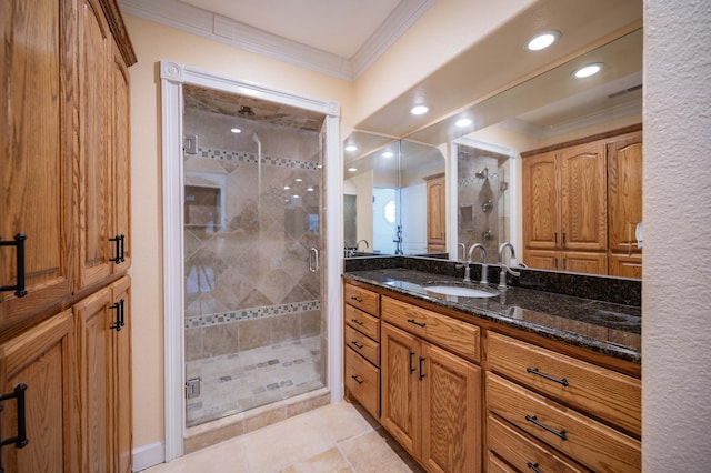 627 Eastbrook Rd, Estill Springs, TN 37330 - full bathroom with ornamental molding, a shower stall, vanity, tile patterned floors, and recessed lighting