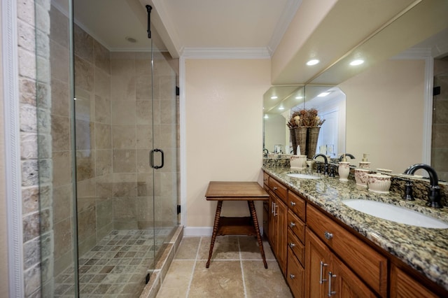 627 Eastbrook Rd, Estill Springs, TN 37330 - bathroom with crown molding, double vanity, a shower stall, and recessed lighting
