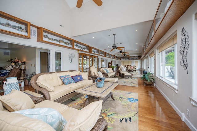 627 Eastbrook Rd, Estill Springs, TN 37330 - living area featuring ceiling fan, lofted ceiling, wood finished floors, and recessed lighting