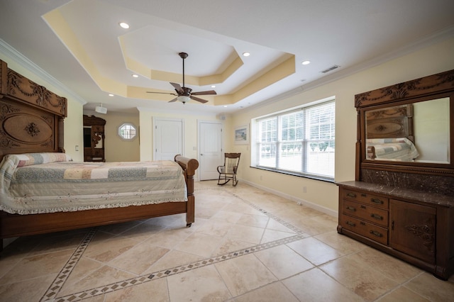 627 Eastbrook Rd, Estill Springs, TN 37330 - bedroom featuring a tray ceiling, recessed lighting, ceiling fan, inlaid floor details, and ornamental molding