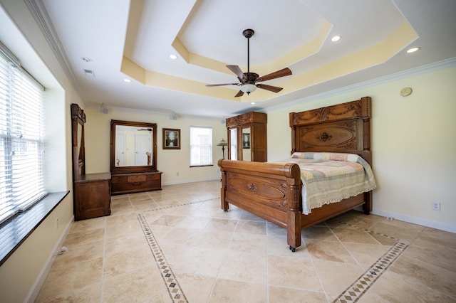 627 Eastbrook Rd, Estill Springs, TN 37330 - bedroom featuring a tray ceiling, recessed lighting, inlaid floor details, ornamental molding, and ceiling fan