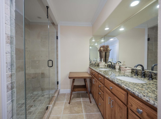 627 Eastbrook Rd, Estill Springs, TN 37330 - full bath with crown molding, double vanity, a shower stall, and recessed lighting