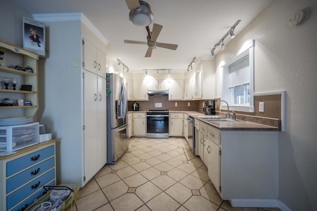 627 Eastbrook Rd, Estill Springs, TN 37330 - kitchen with track lighting, stainless steel appliances, ceiling fan, and white cabinetry