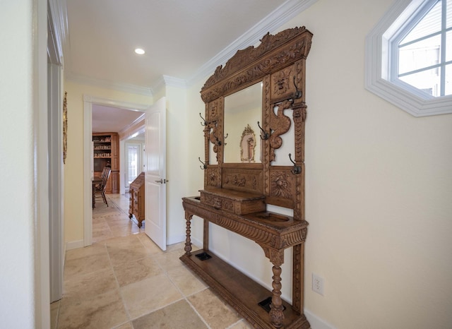 627 Eastbrook Rd, Estill Springs, TN 37330 - hallway with crown molding, recessed lighting, and light stone finish floors