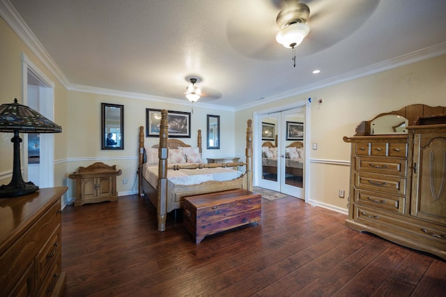 627 Eastbrook Rd, Estill Springs, TN 37330 - bedroom featuring french doors, ornamental molding, dark wood-style floors, and ceiling fan