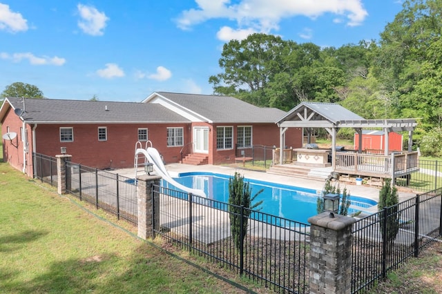 6685 Lynchburg Rd, Winchester, TN 37398 - view of swimming pool with a water slide, a patio, a gazebo, and entry steps