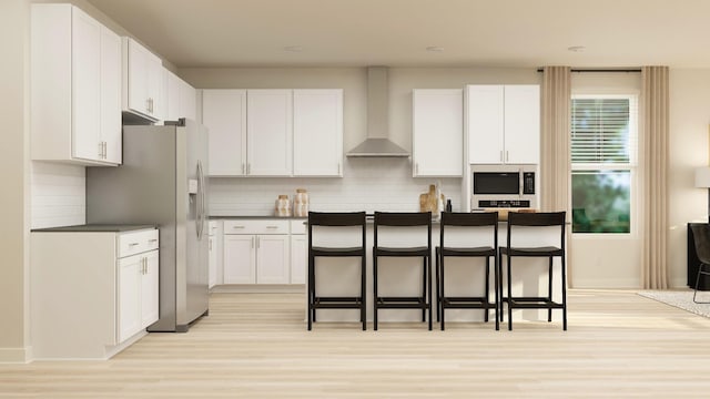 3407 Shigo St, Murfreesboro, TN 37130 - kitchen with a kitchen breakfast bar, wall chimney exhaust hood, white cabinetry, backsplash, and stainless steel fridge with ice dispenser