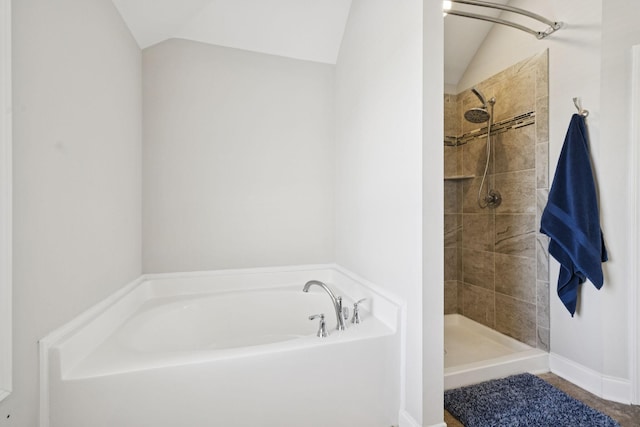 2237 Pathfinder Dr, Murfreesboro, TN 37127 - full bathroom featuring a garden tub, lofted ceiling, and a tile shower