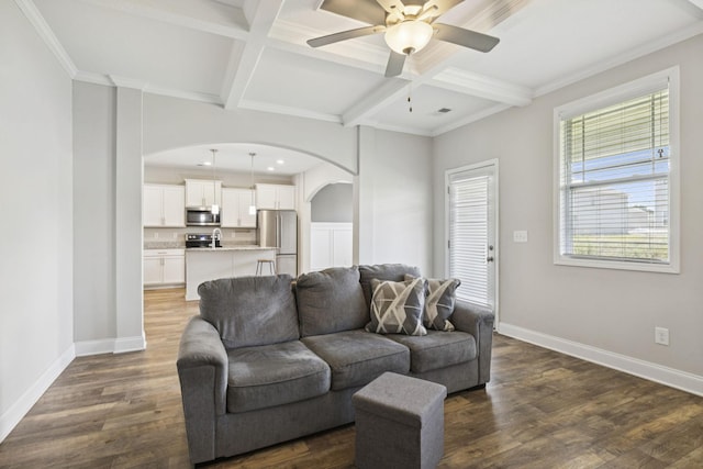 2237 Pathfinder Dr, Murfreesboro, TN 37127 - living area with arched walkways, coffered ceiling, dark wood-style flooring, beamed ceiling, and a ceiling fan