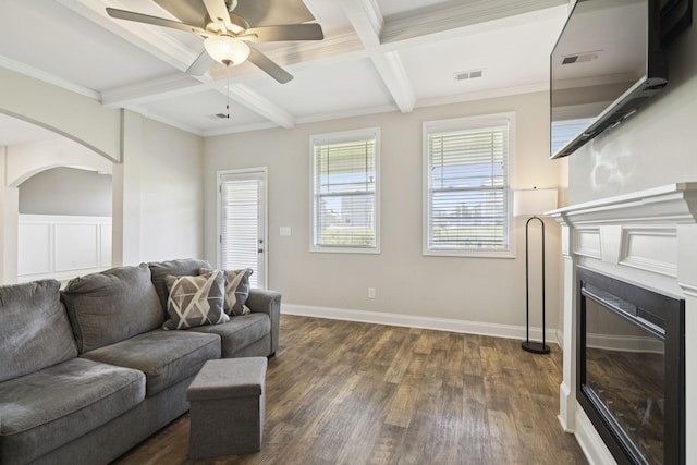 2237 Pathfinder Dr, Murfreesboro, TN 37127 - living area with coffered ceiling, dark wood finished floors, beam ceiling, arched walkways, and ceiling fan