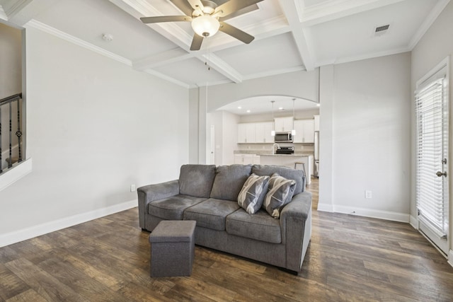 2237 Pathfinder Dr, Murfreesboro, TN 37127 - living room with beamed ceiling, ceiling fan, healthy amount of natural light, coffered ceiling, and arched walkways