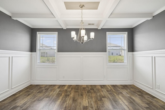 2237 Pathfinder Dr, Murfreesboro, TN 37127 - unfurnished dining area featuring a chandelier, wainscoting, beamed ceiling, coffered ceiling, and dark wood-style flooring