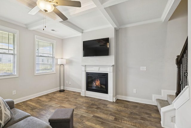 2237 Pathfinder Dr, Murfreesboro, TN 37127 - living area with stairway, a ceiling fan, dark wood-style floors, coffered ceiling, and a glass covered fireplace