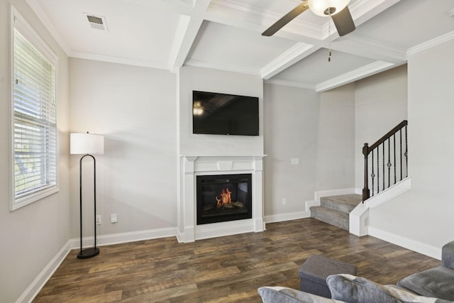 2237 Pathfinder Dr, Murfreesboro, TN 37127 - living room with ceiling fan, wood finished floors, coffered ceiling, stairs, and a glass covered fireplace