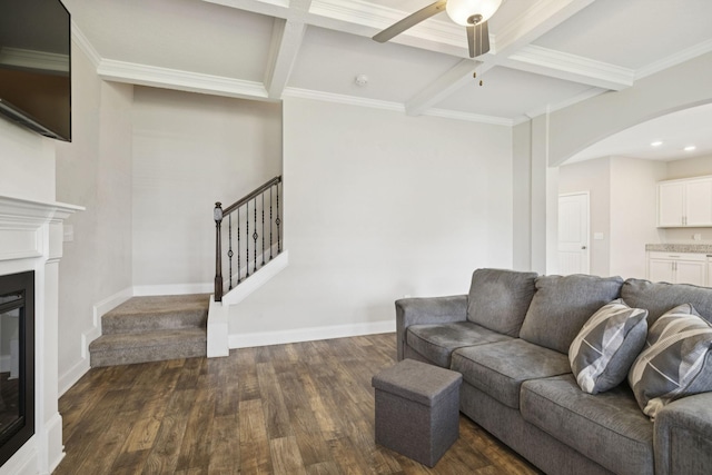 2237 Pathfinder Dr, Murfreesboro, TN 37127 - living room with arched walkways, dark wood-style floors, coffered ceiling, stairs, and a ceiling fan
