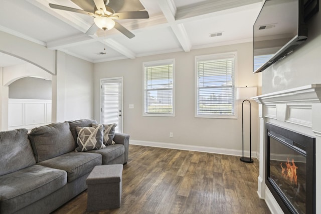 2237 Pathfinder Dr, Murfreesboro, TN 37127 - living area featuring a glass covered fireplace, coffered ceiling, dark wood-style flooring, beamed ceiling, and ceiling fan