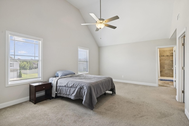 2237 Pathfinder Dr, Murfreesboro, TN 37127 - bedroom with high vaulted ceiling, light colored carpet, ceiling fan, and ensuite bath