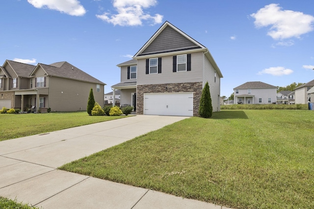 2237 Pathfinder Dr, Murfreesboro, TN 37127 - view of front of home with stone siding, a residential view, an attached garage, concrete driveway, and a front lawn