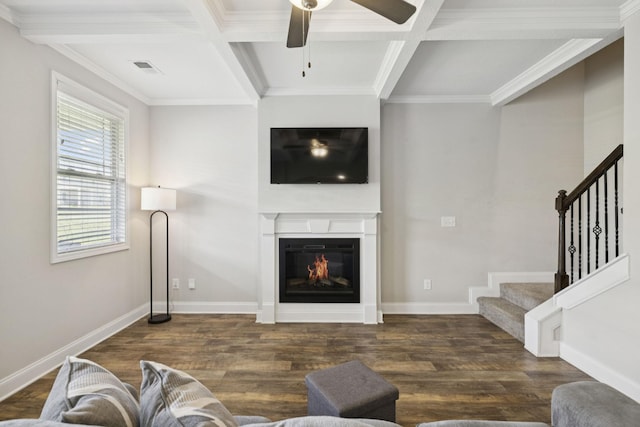 2237 Pathfinder Dr, Murfreesboro, TN 37127 - living room with coffered ceiling, stairs, a ceiling fan, wood finished floors, and crown molding