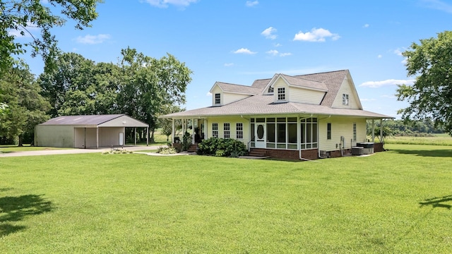 702 John Windrow Rd, Eagleville, TN 37060 - rear view of house featuring concrete driveway, a lawn, roof with shingles, and a sunroom