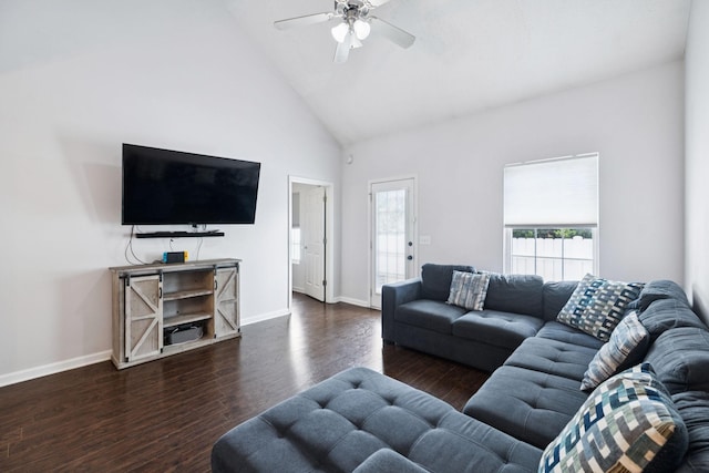 4826 Chelanie Cir, Murfreesboro, TN 37129 - living room with a ceiling fan, high vaulted ceiling, and wood finished floors